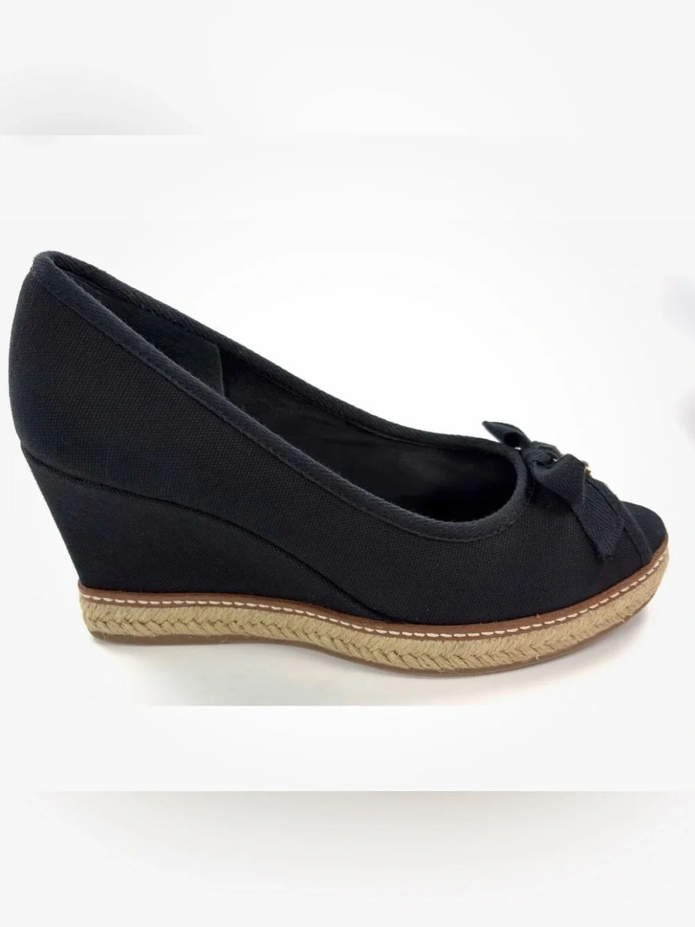 Tory Burch Jackie Espadrille Wedge Pumps Black Canvas Peep Toe Bow Size 8
